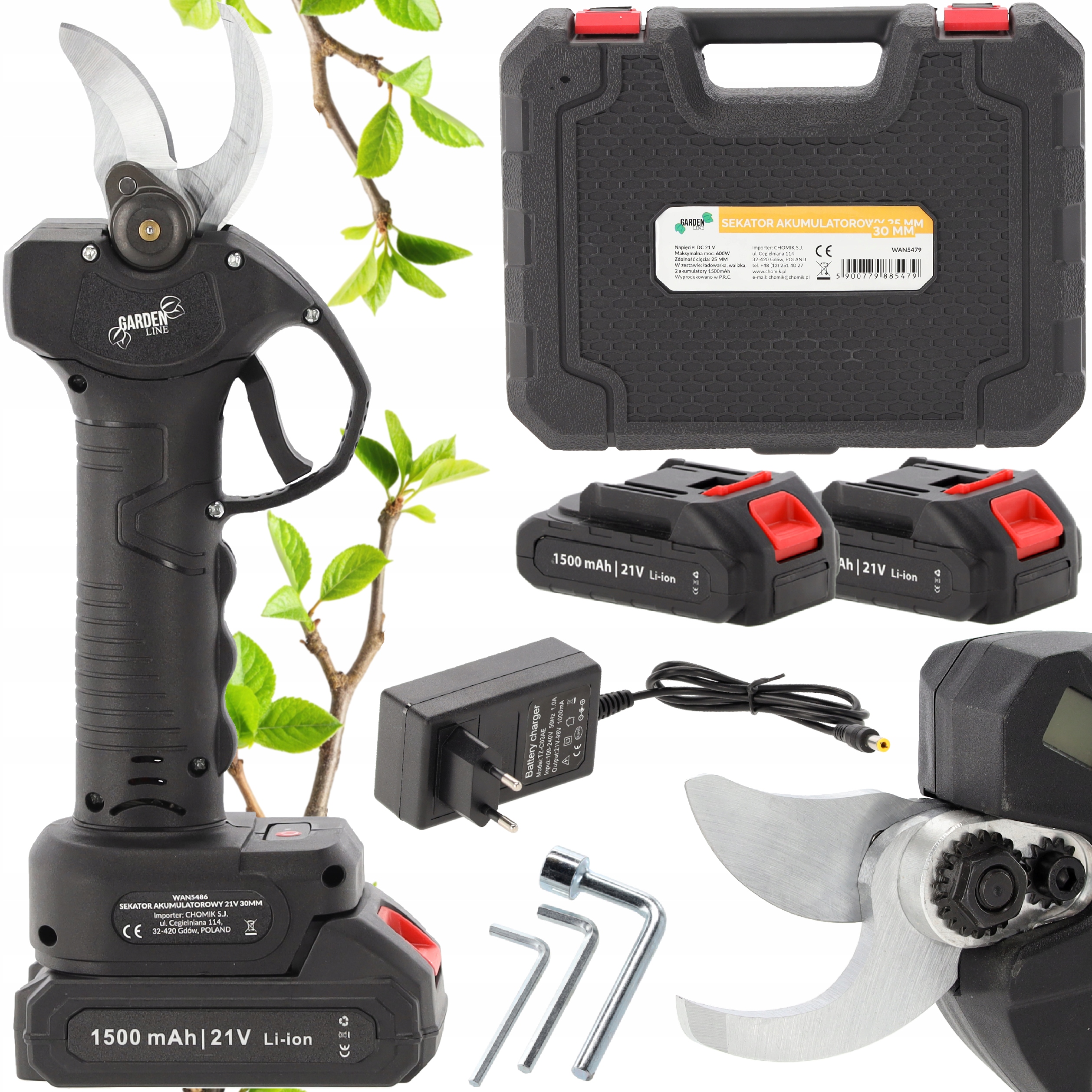 Akumulátorové záhradnícke nožnice GardenLine 21V 30 mm s 2 batériami a puzdrom